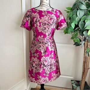 Adrianna Papell Jacquard Short Sleeve Floral Cocktail Dress Fuchsia Pink Sz 6
